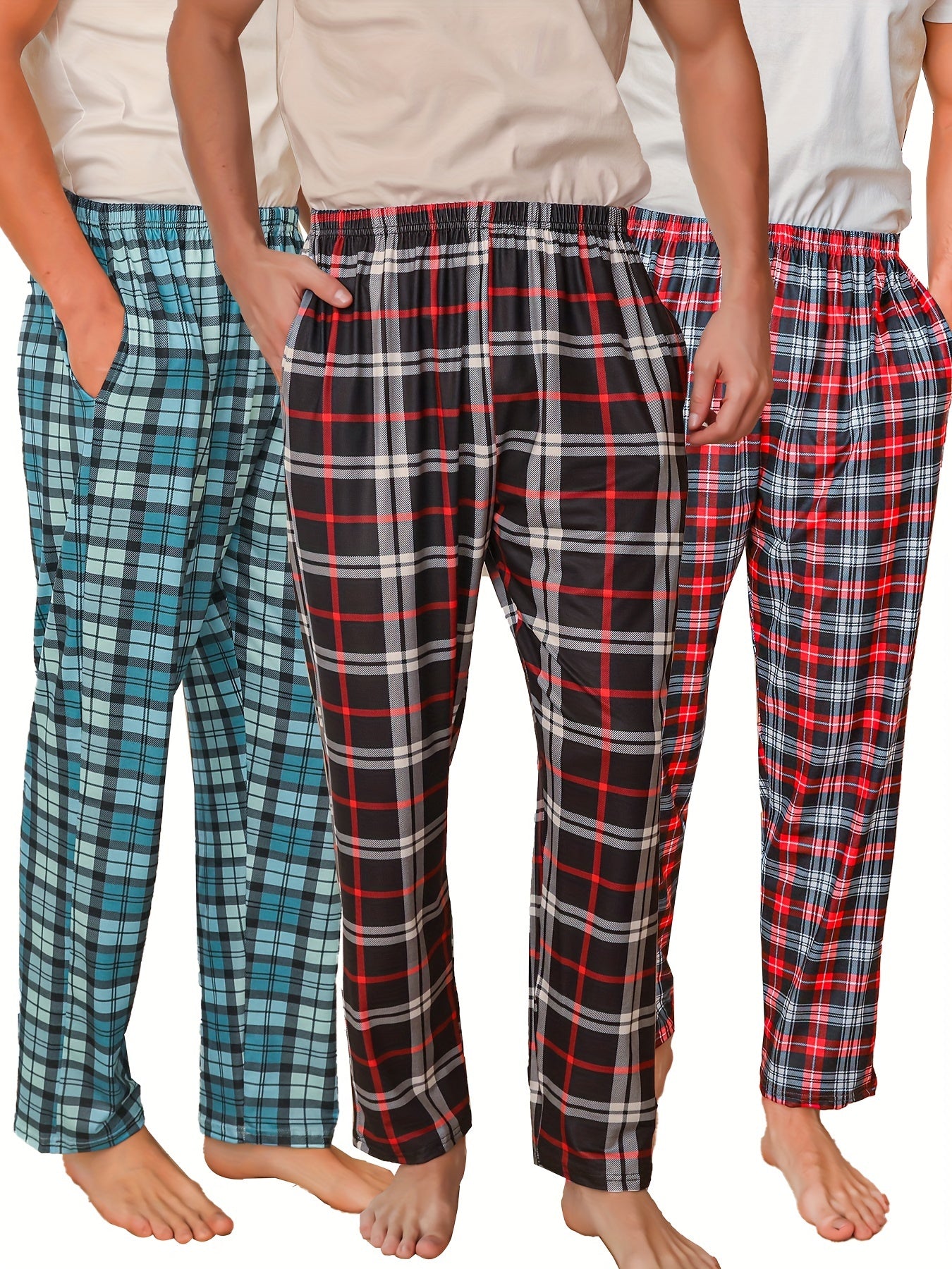 3pcs Men's Simple Style Plaid Pattern Casual Comfy Pants, Trendy Loose Stretchy Elastic Waist Home Pajamas Bottom, Suitable For Sleeping Home