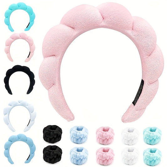 Spa Headband & Wrist Bands For Women, Skincare Headband & Wristband For Washing Face, Makeup Headband Wrist Scrunchies Puffy Sponge Spa Headband Terry Towel Cloth Fabric Bubble Head Band For Skincare, Makeup Removal Mimi And Co Spa Headband