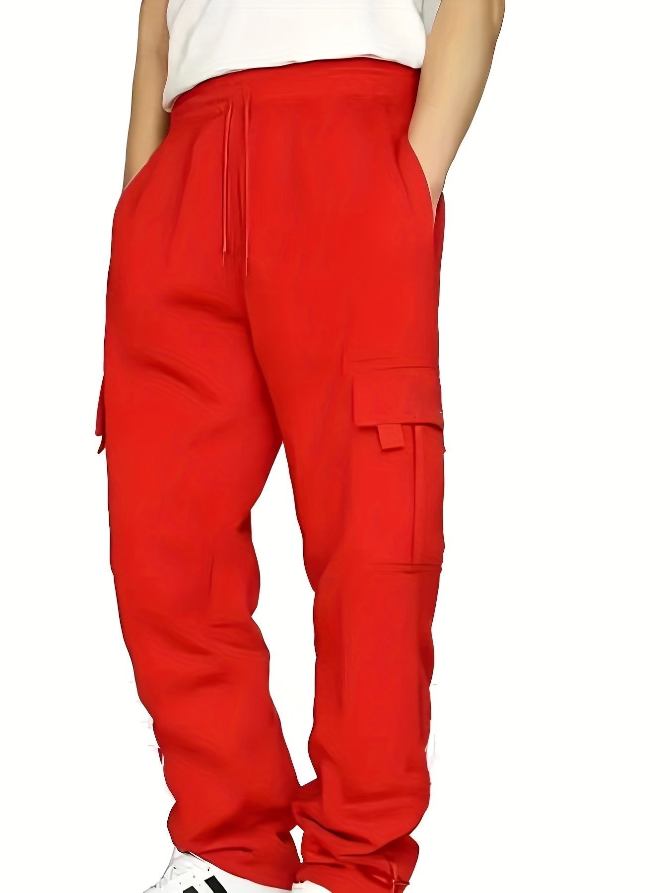 Plus Size Men's Relaxed Fit Cargo Trousers With Pockets, Oversized Casual Drawstring Pants For Big And Tall Guys