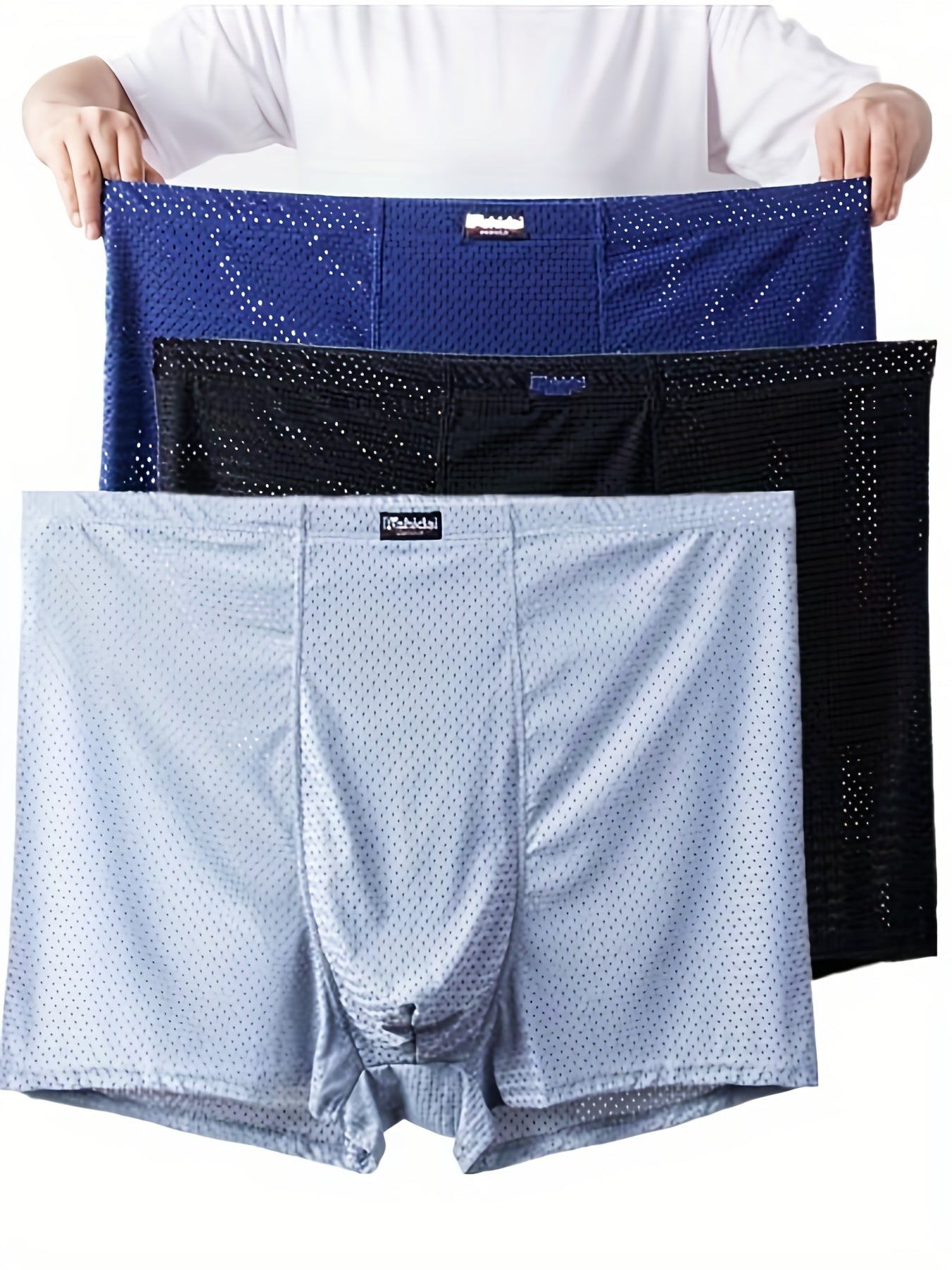 3pcs Men's Plus Size Boxer Briefs, Mesh Breathable Soft Comfy Stretchy Boxer Trunks, Ice Silk Cool Boxer Briefs For Summer, Men's Underwear