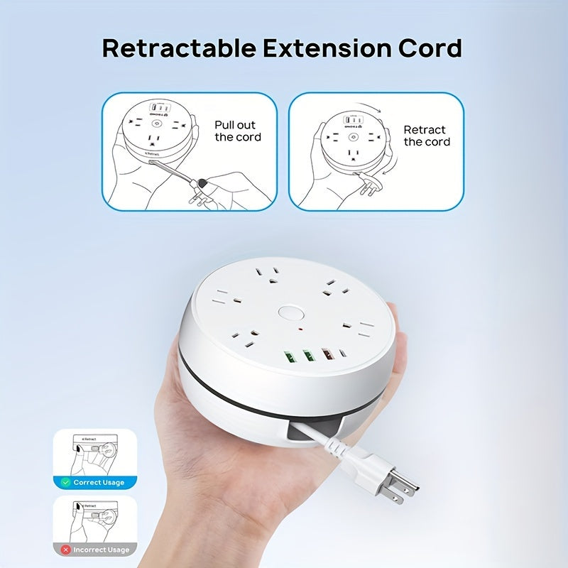 Carte de puissance de voyage, carte de puissance rétractable, avec 5 prises CA et 3 ports USB (1 USB C), câble d'extension rétractable à trois prises American Standard, 51,18 pouces, essentiel pour les bateaux de croisière, adapté aux hôtels de voyage, bl