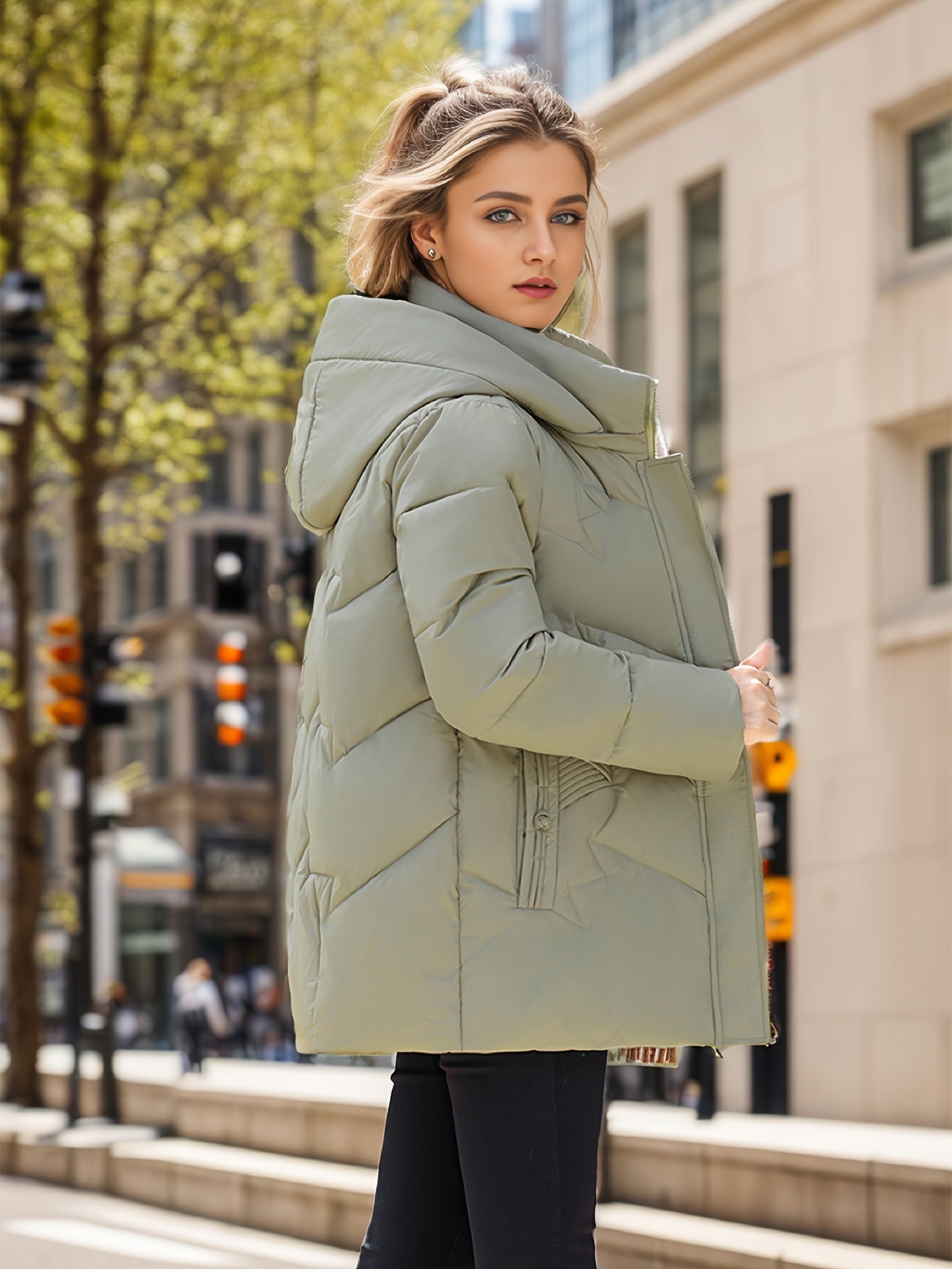 Zip-up Hooded Puffy Coat, Casual Thermal Solid Long Sleeve Coat For Fall & Winter, Women's Clothing