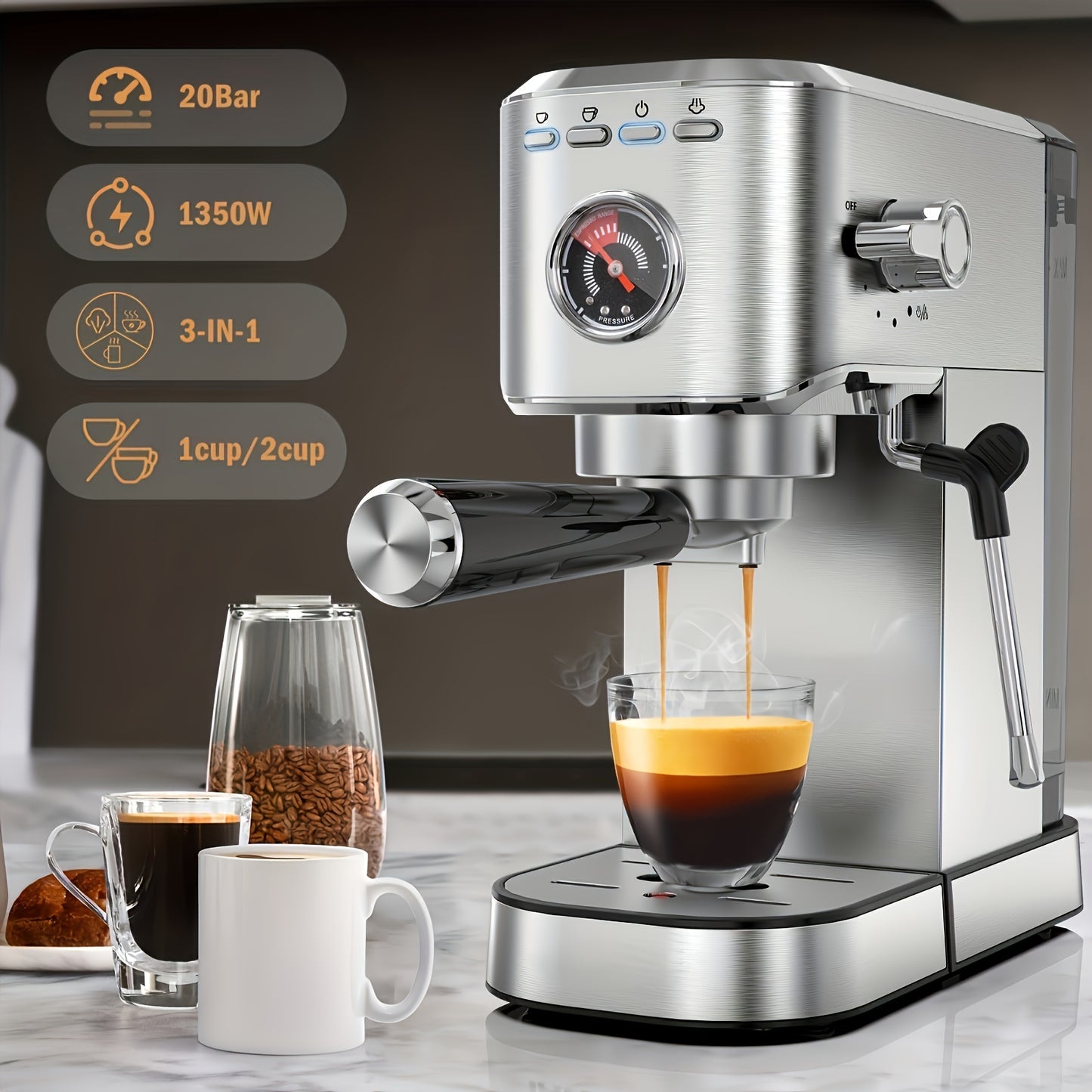 1pc, Drelex 20 Bar Pressure Coffee Machine,sea Transportation. Stainless Steel Compact, With Milk Bubbler, Fast Heating, 37 Ounces, Semi-automatic Espresso\u002Flatte\u002Fcappuccino Coffee Machine, Automatic Pause, Suitable For Home Baristas, Offices