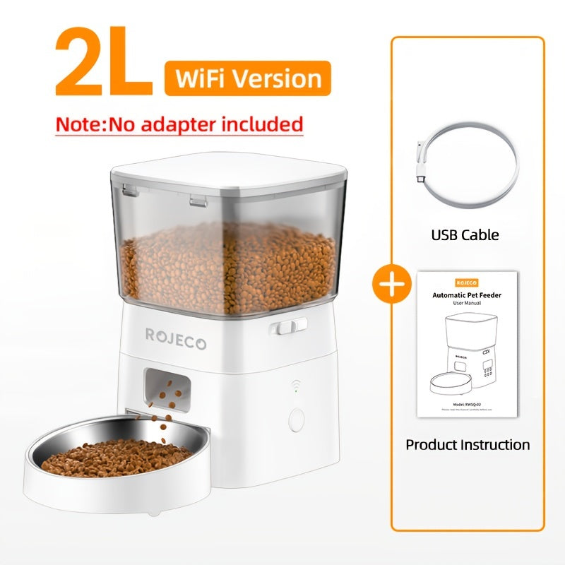 ROJECO Automatic Cat Feeder, 2L\u002F68oz WiFi Automatic Cat Food Dispenser With App Control, Timed Cat Feeder With Stainless Steel Bowl & Dual Power Supply, 1-6 Meals, No Adapter Included