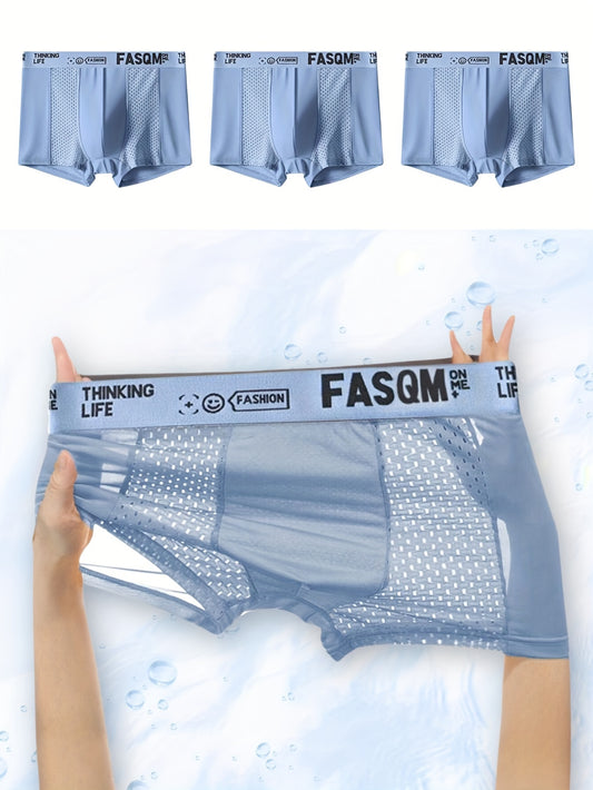 3 peças de cuecas boxers masculinas de seda gelada frescas e confortáveis, remendo de malha respirável e confortável, cuecas elásticas confortáveis, roupas íntimas masculinas casuais de cor lisa