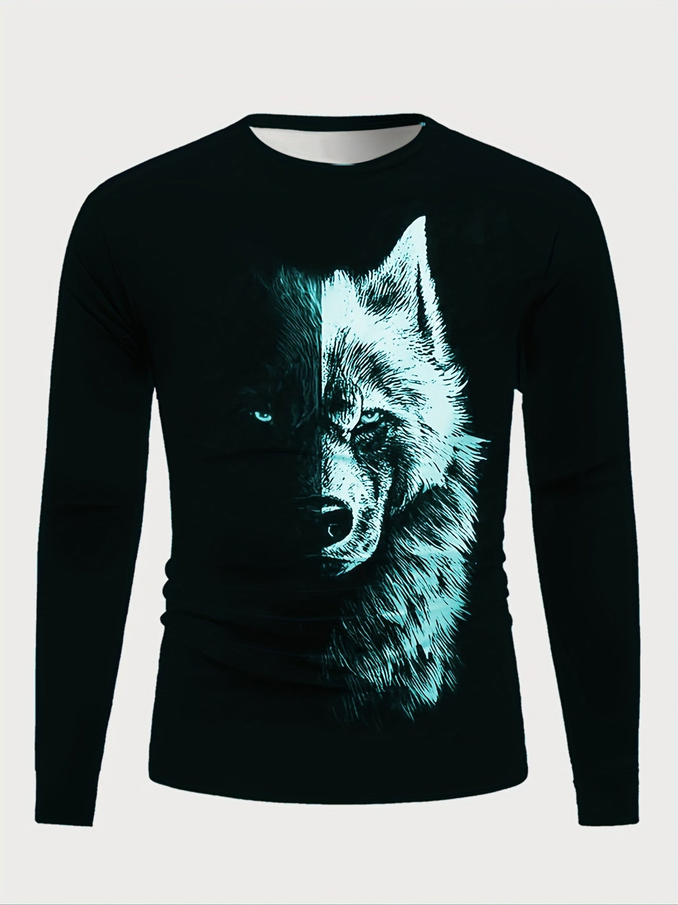 Splicing Wolf Face Men's Fashion Graphic Long Sleeve T-shirt, Spring Fall