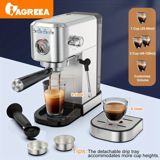 1pc, máquina de café de presión de 20 bares, transporte marítimo. Compacto de acero inoxidable, con burbujeador de leche, calentamiento rápido, 37 onzas, espresso semiautomático \ u002Flatte \ u002Fcappuccino cafetera, pausa automática, adecuado para bari