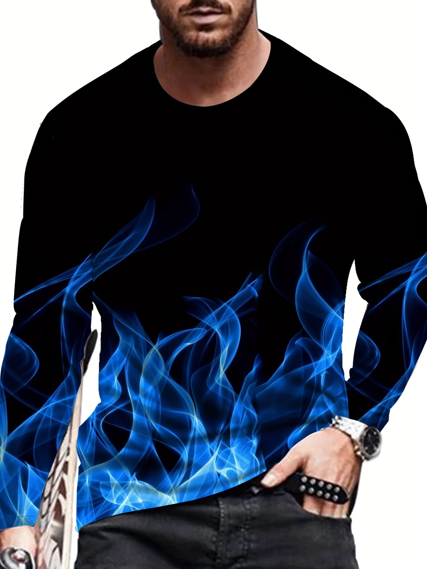 3D Numérique Flamme Impression Hommes Mode Manches Longues Crew Neck T-shirt, Hommes Casual Tee Pour Le Printemps Automne