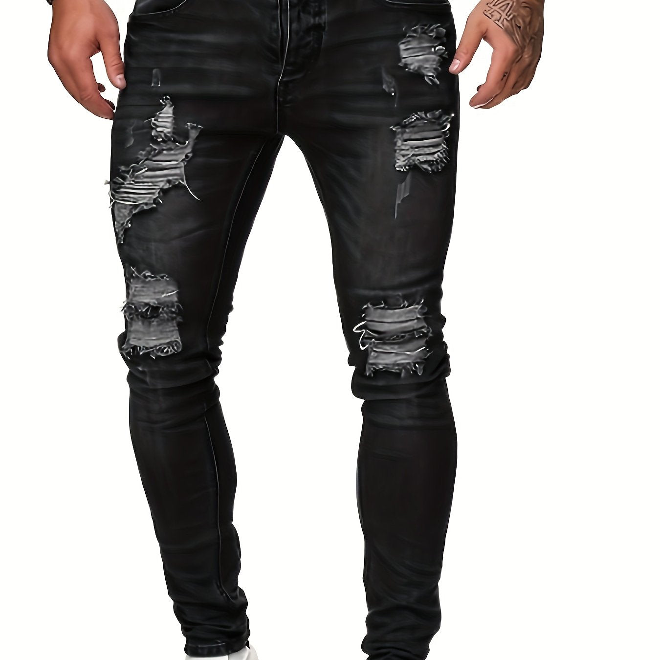 Men's Casual Ripped Skinny Jeans, Chic Street Style Medium Stretch Jeans