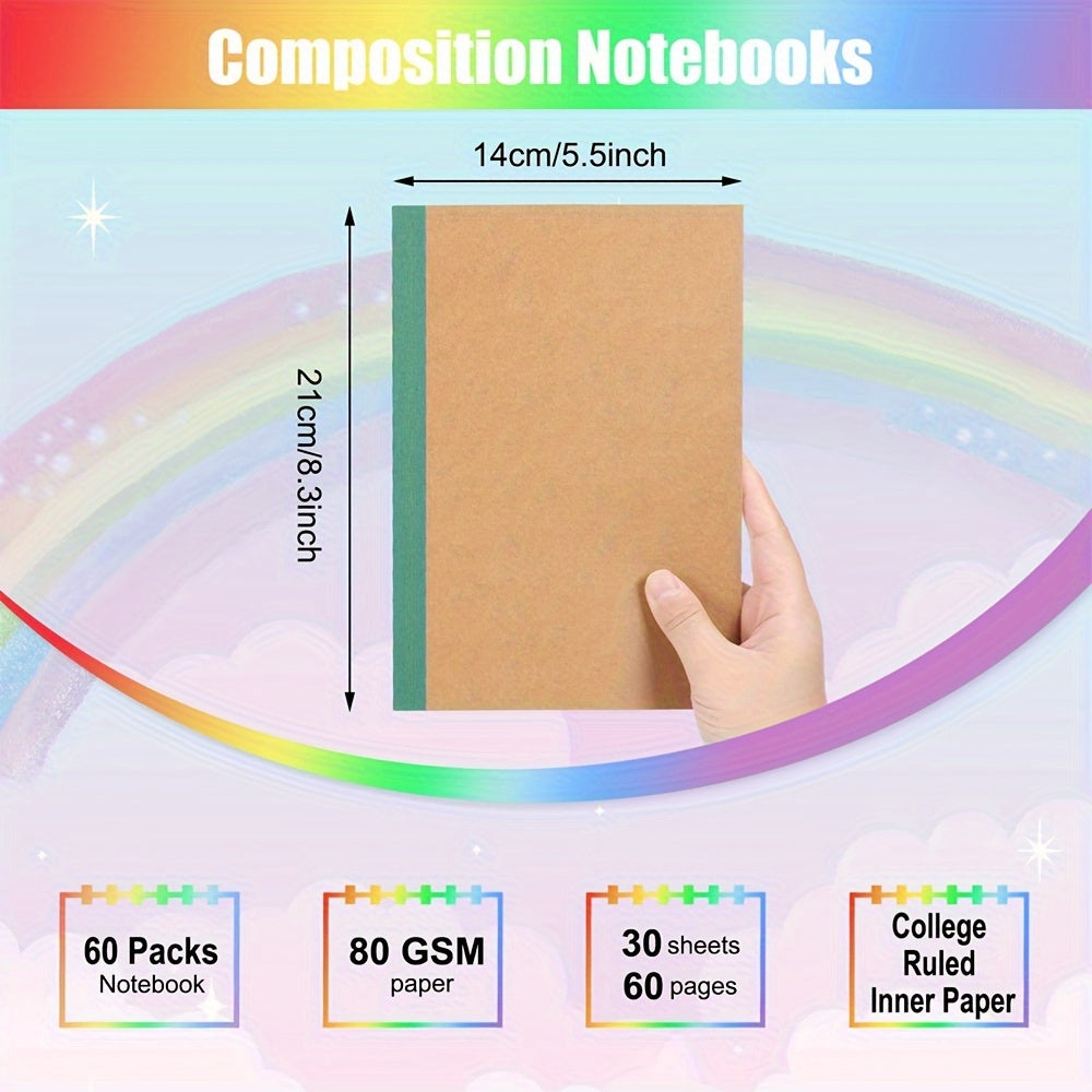 60pcs A5 Kraft Paper Notebooks, Writing Notebook, Lined With Diary, 15 Colors, With Rainbow Edges, 60 Pages, Suitable For School Office Supplies, 8.3x5.5 Inches