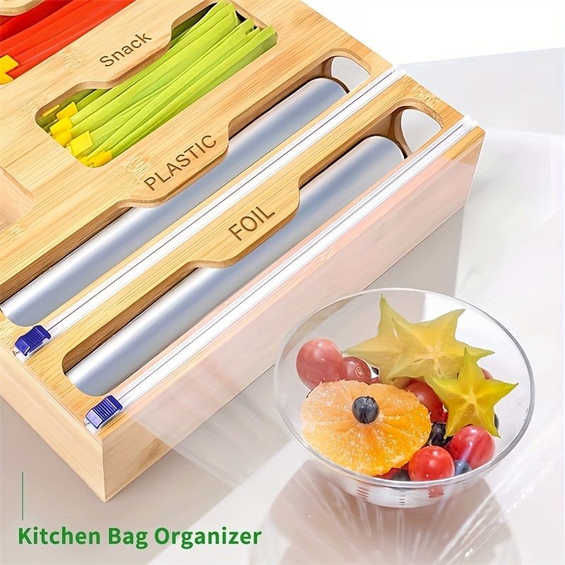 Organizador de bolsas Ziplock de bambú de 1 pieza y organizador de envoltura de plástico y papel de aluminio, organización y almacenamiento de papel de aluminio, dispensador de envoltura de plástico con cortador para cajón de cocina para galón, cuarto de 