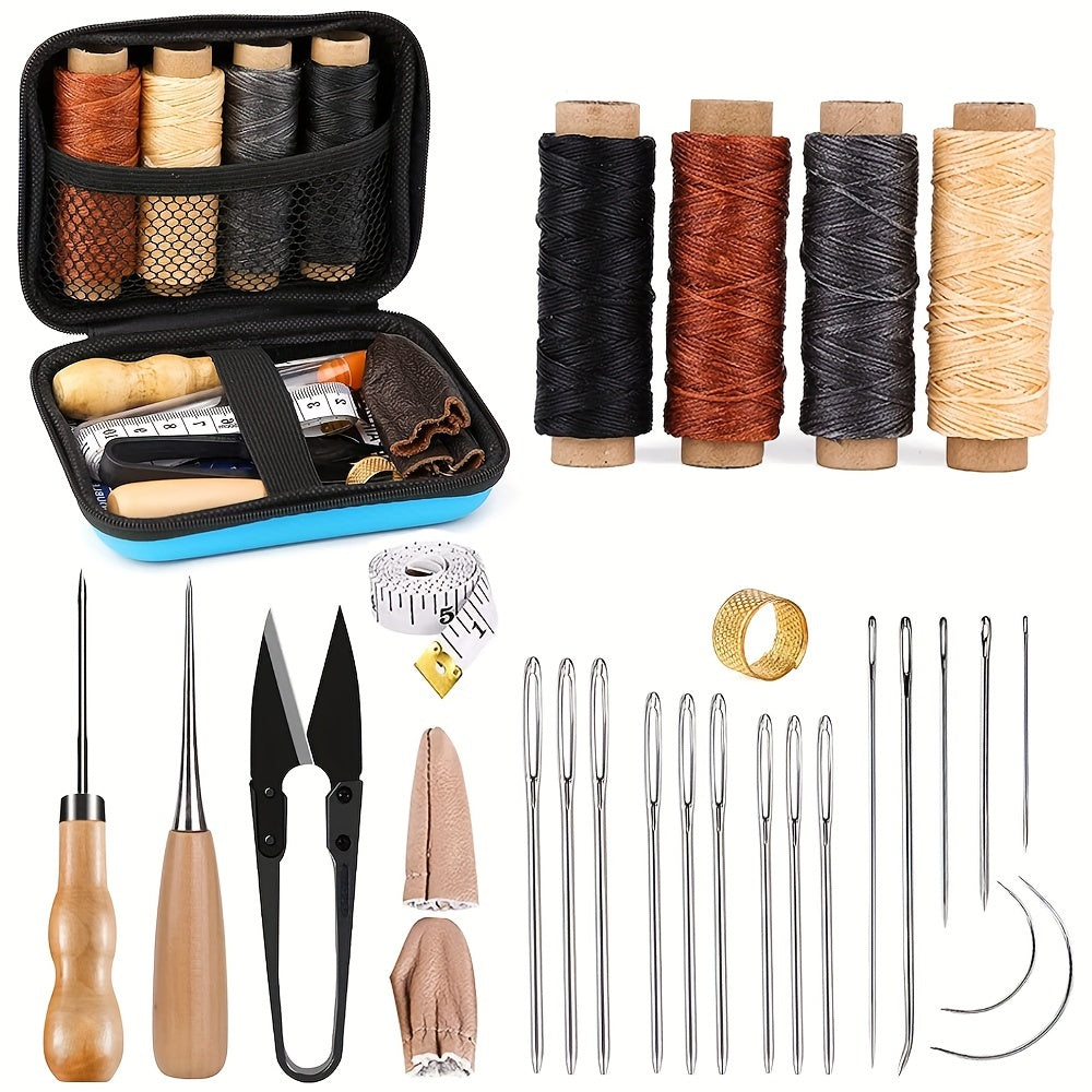 Kit de couture en cuir, outils et fournitures de travail en cuir, Kit de travail en cuir avec des aiguilles à couture à grands yeux, Kit de réparation de sellerie en cuir, Fil ciré, Outils de couture en cuir pour bricolage en cuir