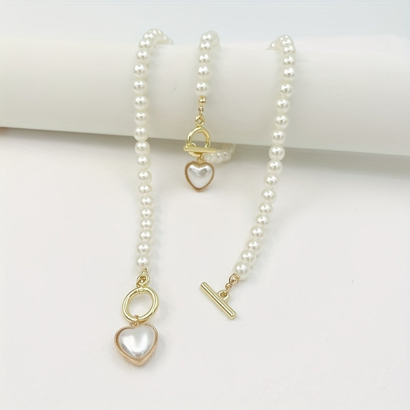 2pcs Necklace + Bracelet Chic Jewelry Set Classy OT Buckle & Sweet Heart Design Made Of Milky Stone 14k Gold Plated Match Daily Outfits Gift For Female