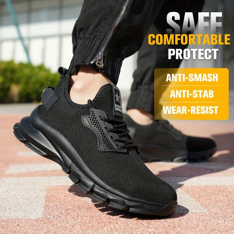 PLUS SIZE Men's Solid Steel Toe Puncture Proof Anti-skid Work Safety Shoes, Breathable Woven Knit Industrial Construction Sneakers