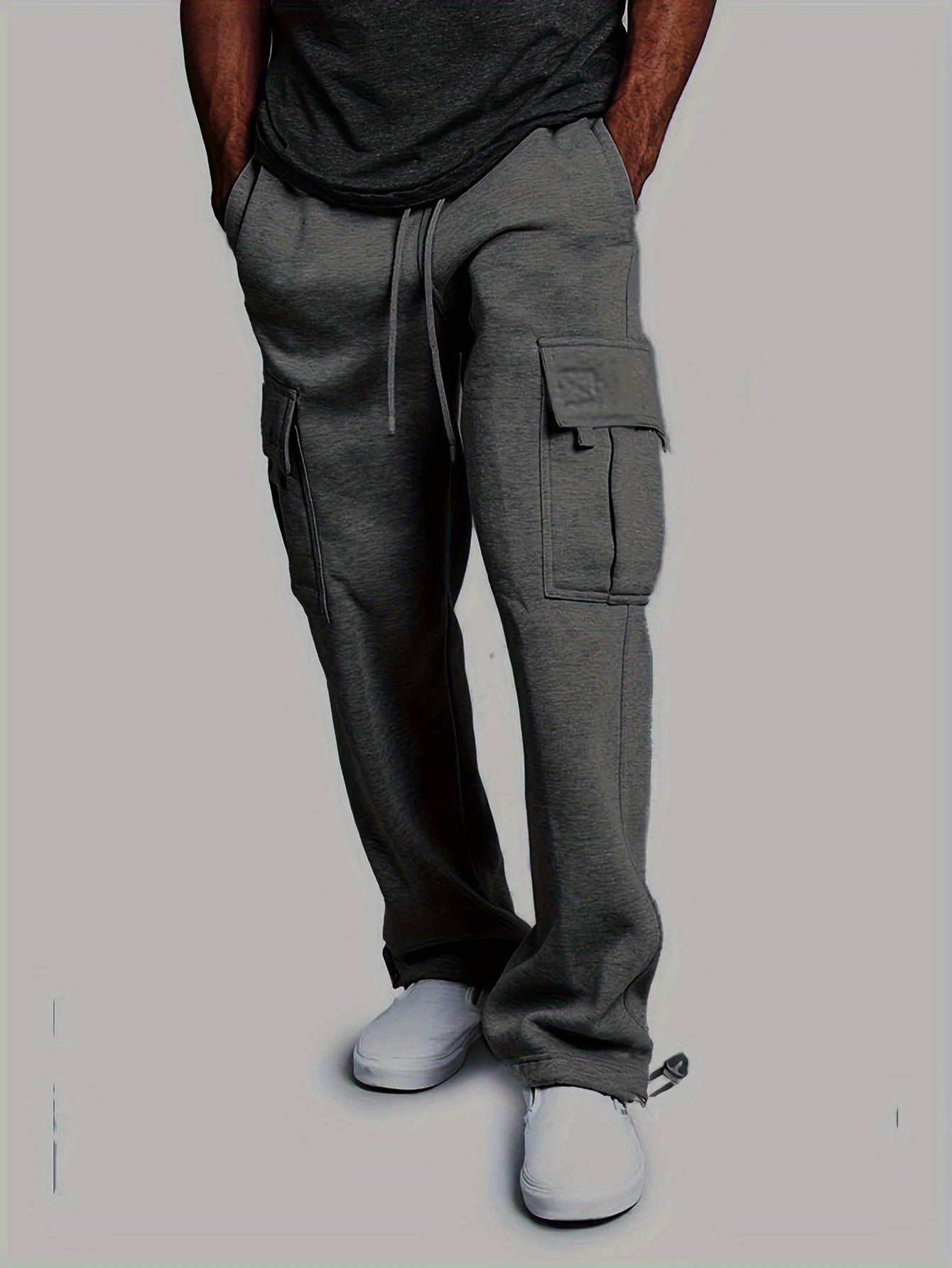 Plus Size Men's Relaxed Fit Cargo Trousers With Pockets, Oversized Casual Drawstring Pants For Big And Tall Guys