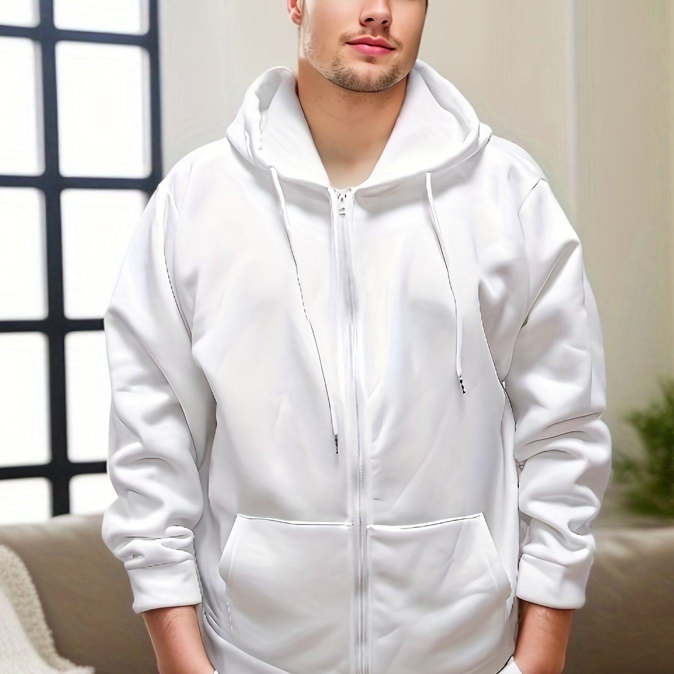 Plus Size Men's Solid Hoodies Oversized Hooded Jacket With Zipper For Fall Winter, Men's Clothing