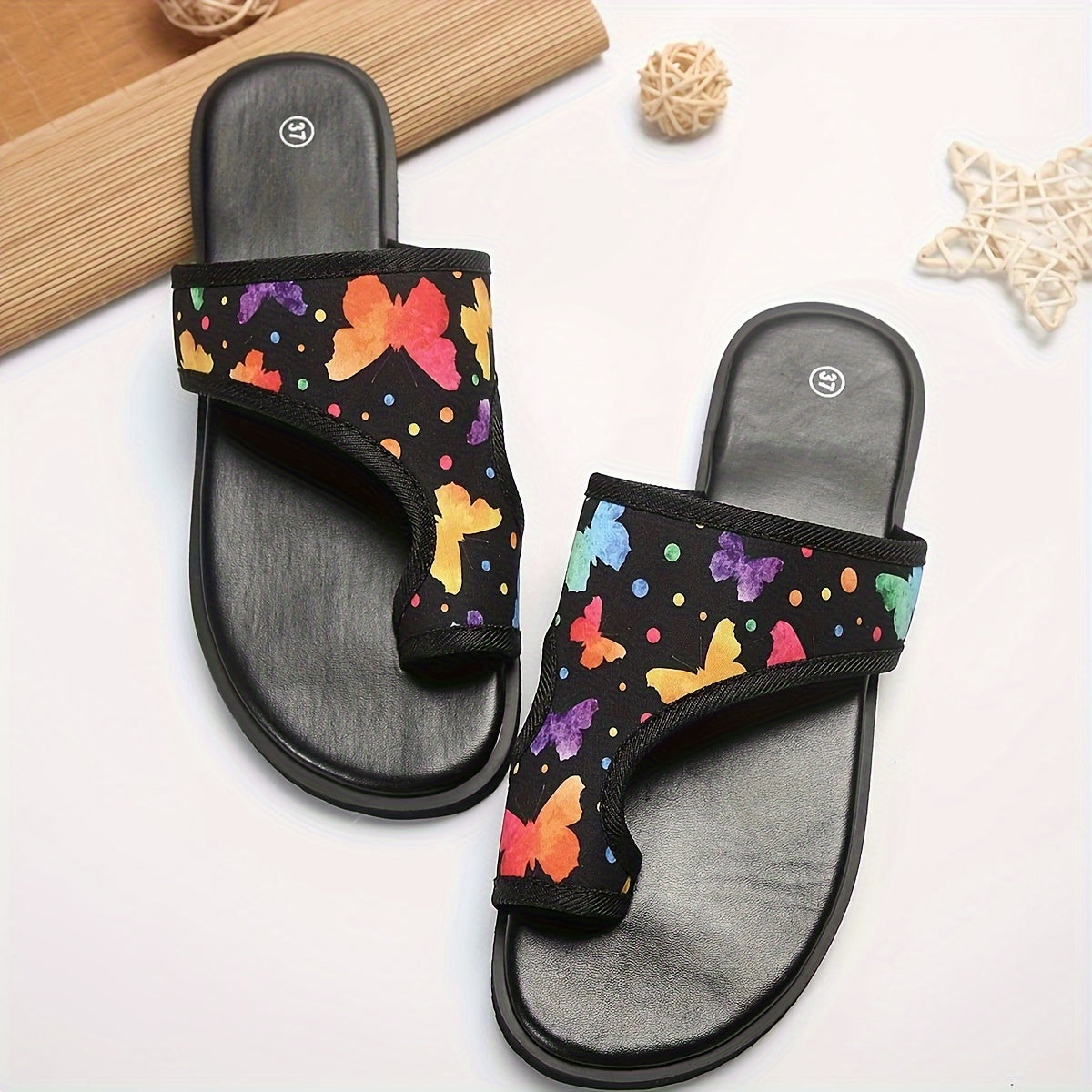 Women's Butterfly Print Slides, Fashion Toe Loop Slip On Flat Shoes, Casual Summer Beach Slides