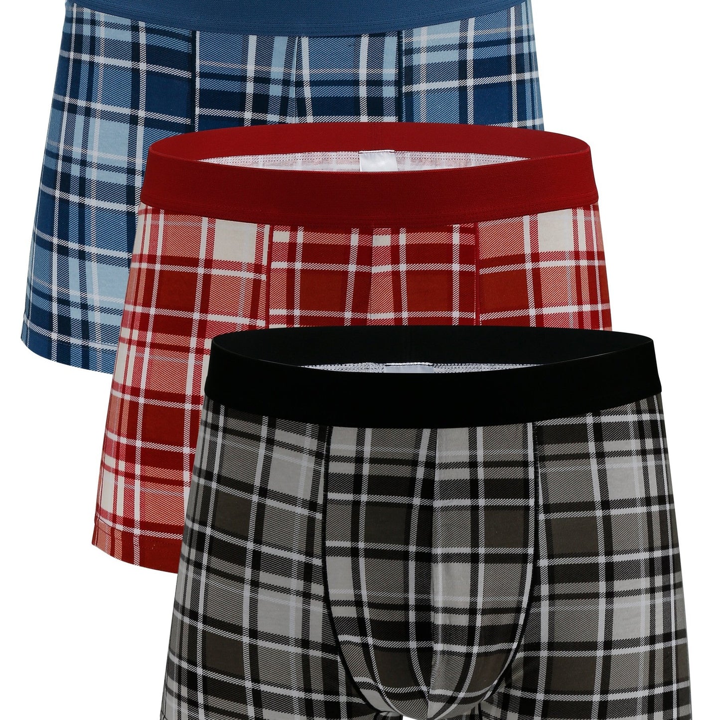 3pcs Men's Plus Size Underwear, Boxer Briefs, Cotton Stretch Underwear For Men, Plaid Swim Trunks