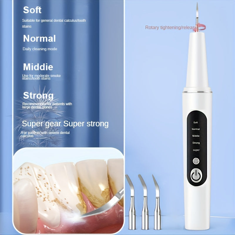 1pc Tartar Removal For Teeth With LED Light, Teeth Cleaning Up To 2600000 Operating Frequency, Rechargeable Teeth Cleaning Kit, 4 Replaceable Heads With A  Oral Mirror,Dental Rinse, 5 Gears Adjustment,Immediately Remove Dental Plaque And Stains