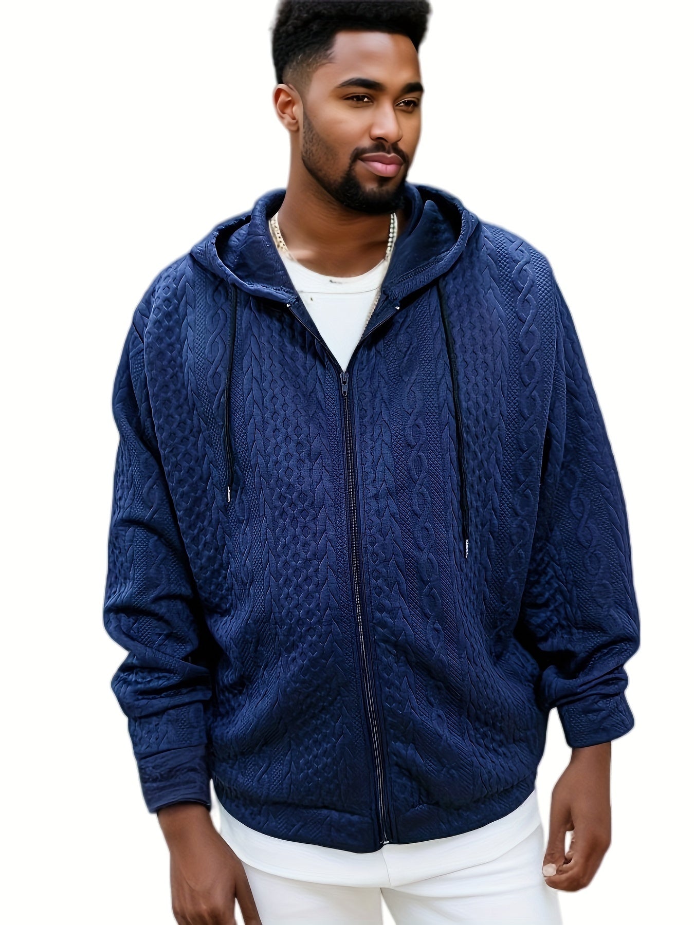 Plus Size Men's Solid Jacquard Hoodies Fashion Casual Hooded Jacket For Fall Winter, Men's Clothing