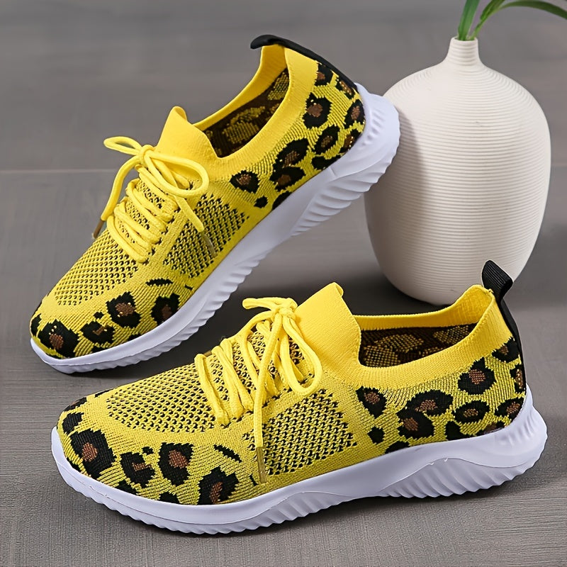 Women's Breathable & Lightweight Sneakers, Leopard Pattern Lace-up Running Shoes, Women's Footwear