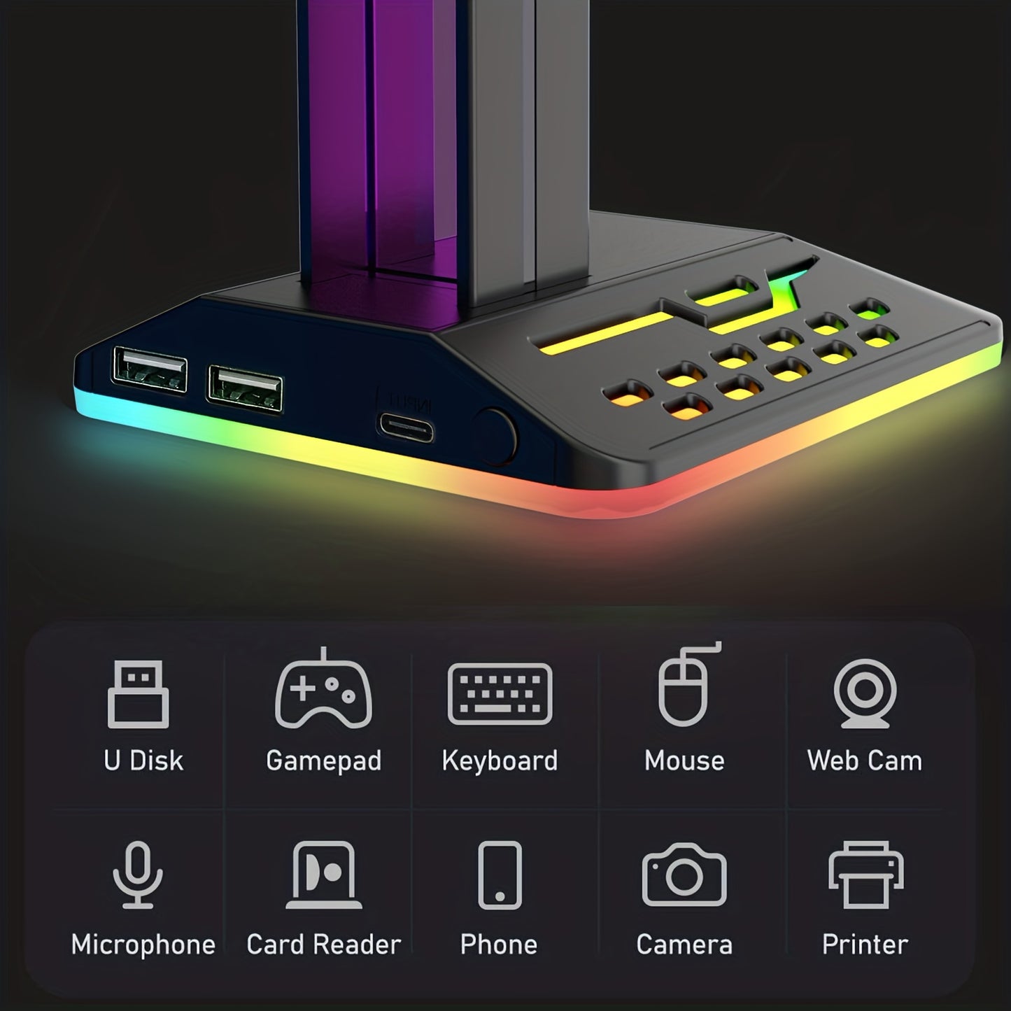 سماعة رأس حامل للألعاب مع خطاف كابل 7 RGB تأثيرات الإضاءة قاعدة مضادة للانزلاق