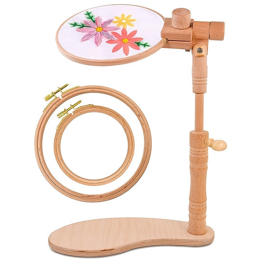 1set Wooden Tall Embroidery Stand Set, Adjustable Cross Stitch Hoop Stand Holder With 4''-6'' Embroidery Hoops, Rotatable Embroidery Frame Lap Stand Hands Free Sewing Tool For Cross Stitch Project