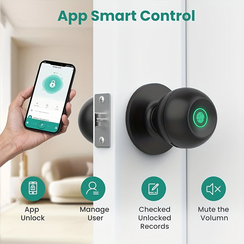 Perilla de puerta inteligente, cerradura de puerta de huella digital cerradura inteligente cerradura de puerta biométrica perilla de puerta de huella digital con control de aplicación, adecuado para dormitorio, guardarropa, oficinas de apartamentos, hotel