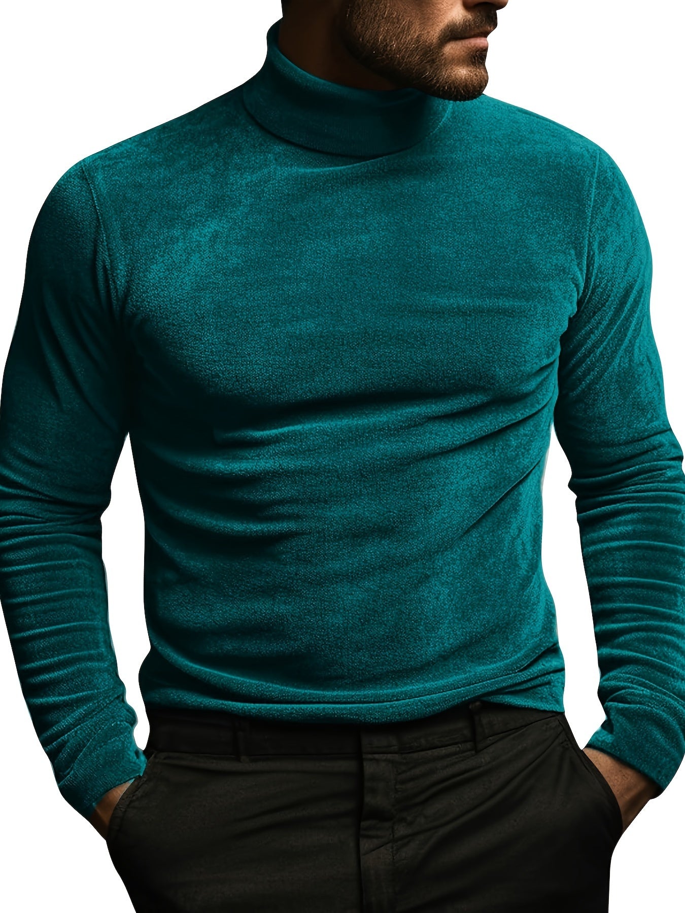 Solid Men's Long Sleeve Turtleneck Skinny Bottoming Shirt, Men's Causal Spring Fall Top