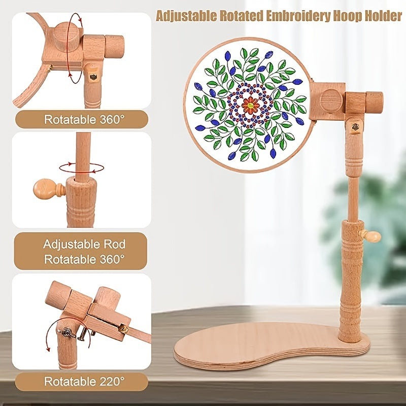 1set Wooden Tall Embroidery Stand Set, Adjustable Cross Stitch Hoop Stand Holder With 4''-6'' Embroidery Hoops, Rotatable Embroidery Frame Lap Stand Hands Free Sewing Tool For Cross Stitch Project