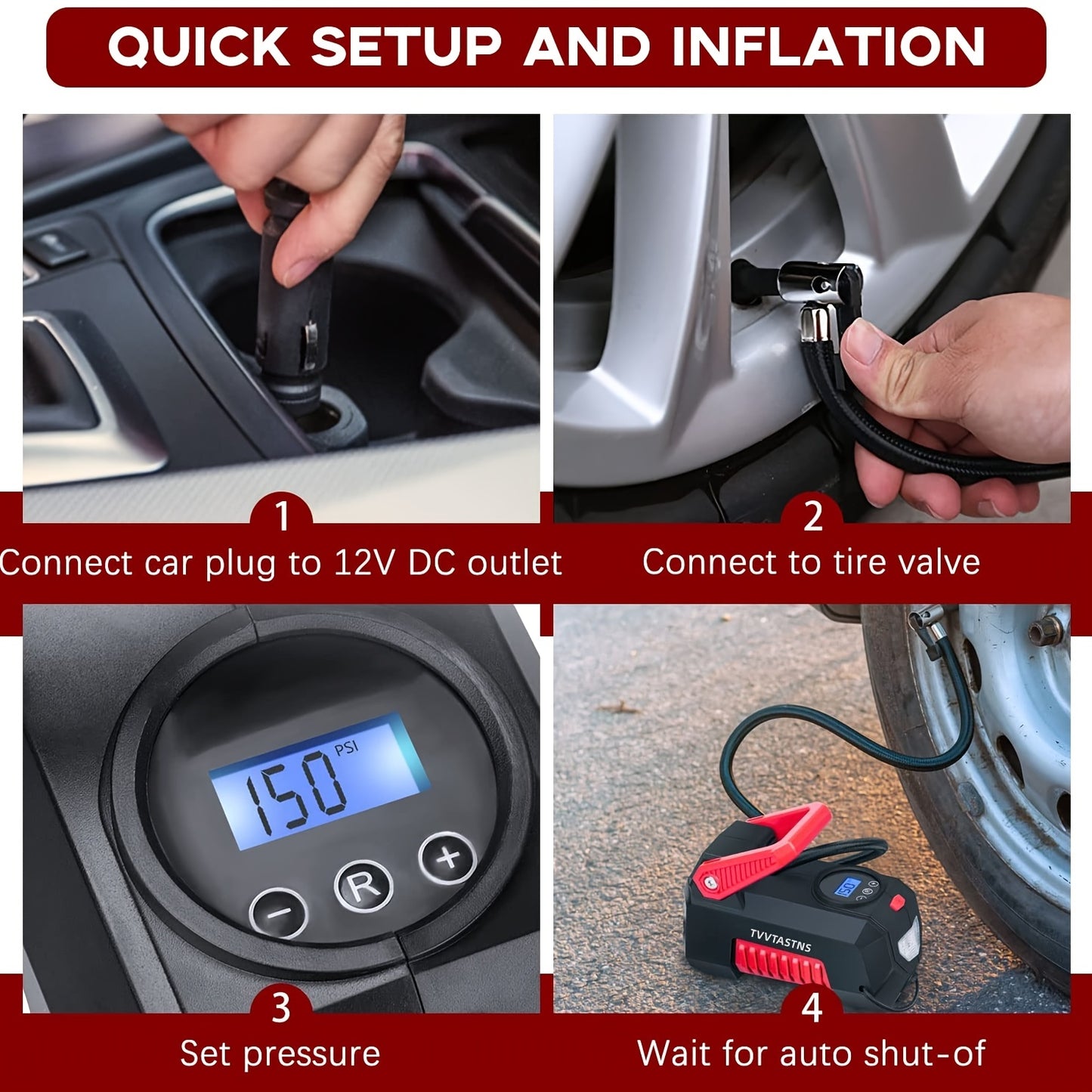 Air Compressor Tire Inflator Portable Air Pump For Car Tires 12V DC Auto Tire Pump With Digital Pressure Gauge, For Car, Bicycle