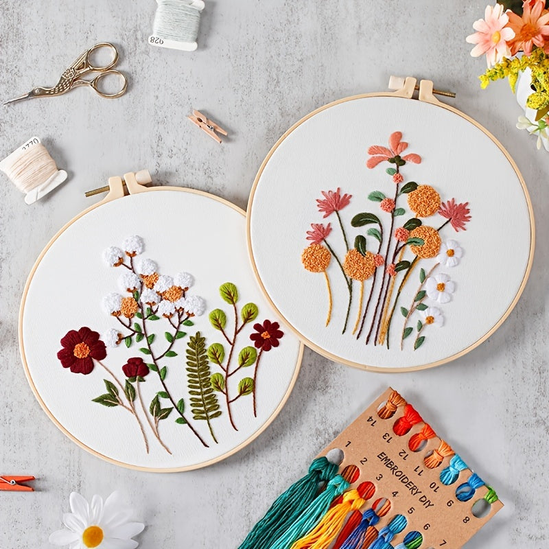 4 Pack Embroidery Kit For Beginners Adults, Cross Stitch Kits, Flowers And Plants, Include 1 Embroidery Hoop 7.9 Inch