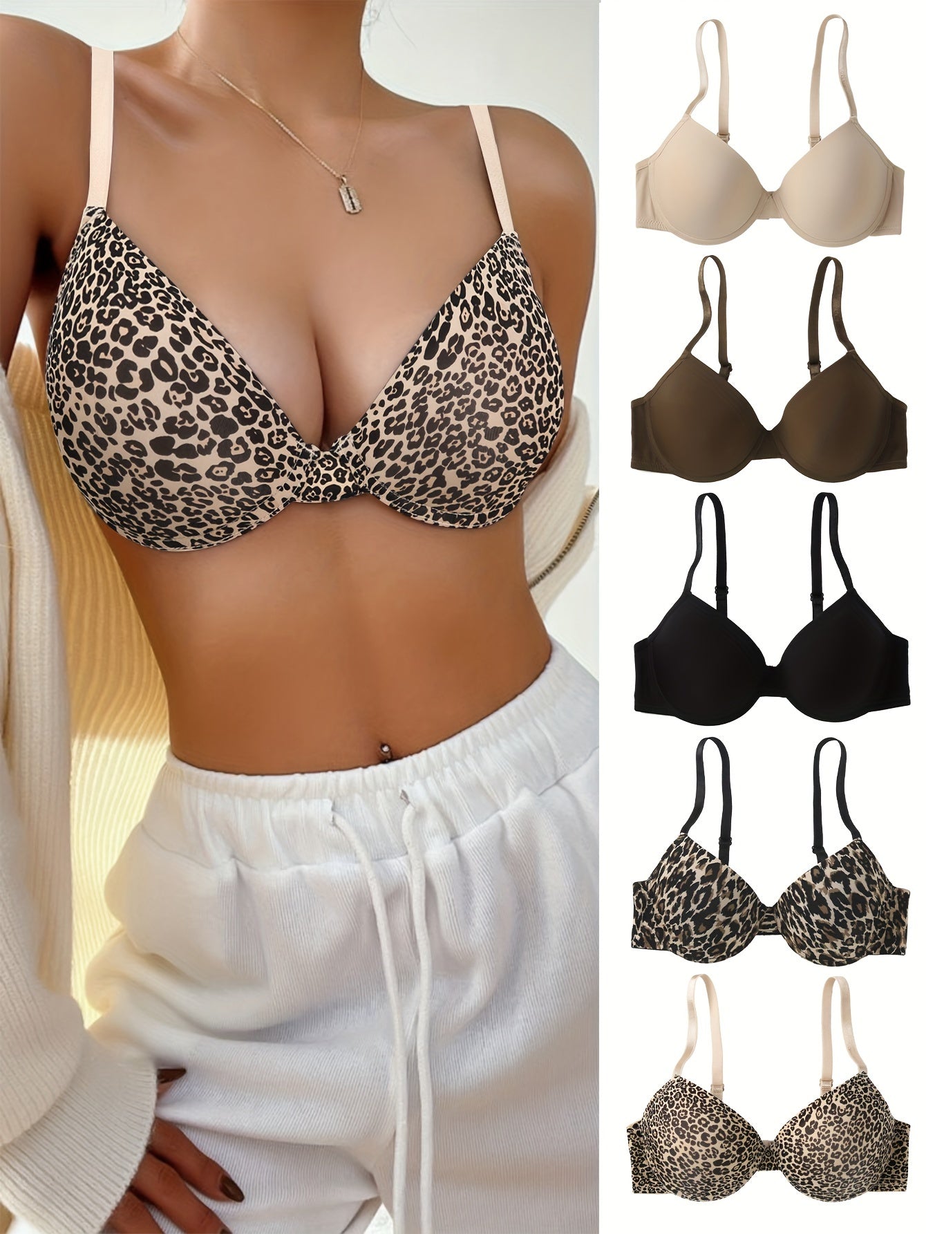 5pcs Leopard & Solid T-Shirt Bras, Comfy & Breathable Push Up Bra, Women's Lingerie & Underwear