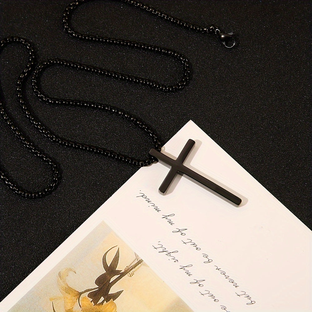 Funky Polished Minimalistic Cross Pendant Necklace For Men, Stainless Steel Chain Necklace