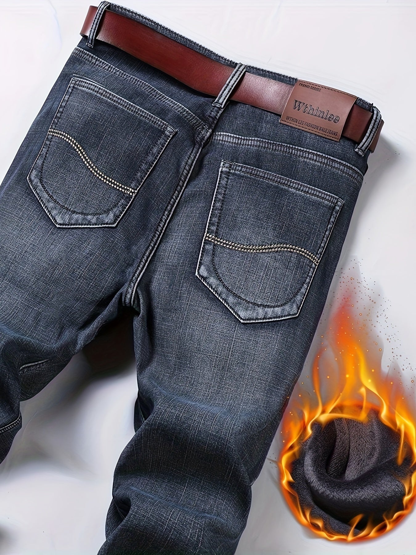 Men's Warm Fleece Jeans For Business, Casual Street Style Denim Pants With Pockets For Fall Winter