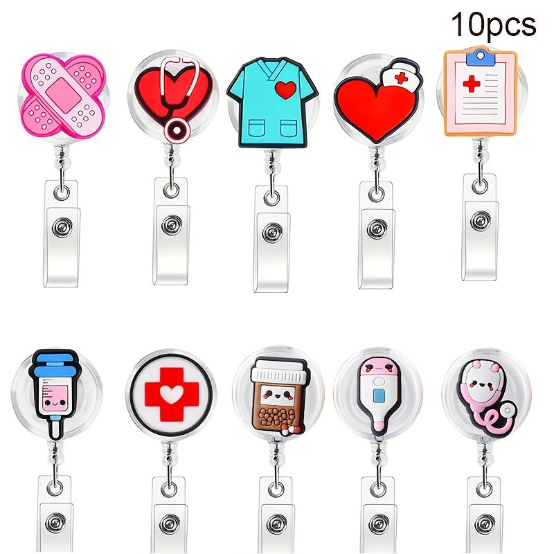 10pcs\u002FMedical Style Scalable Cute ID Card Easy Pull Buckle Rope Chest Card Nurse Office Supplies Certificate Clip Decorative Gift