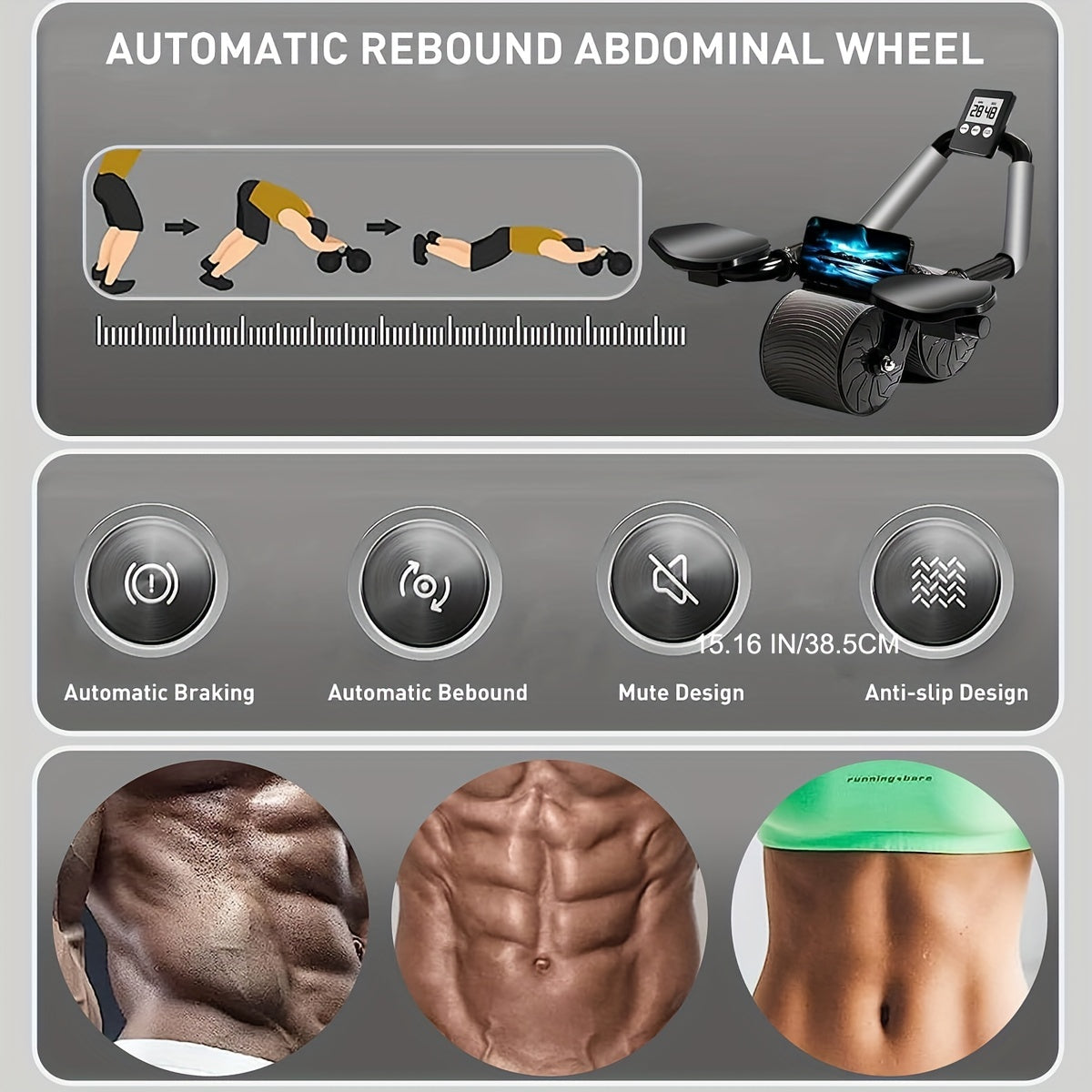 Roue abdominale avec tapis de genou, minuterie de roue abdominale à rebond automatique, rouleau d&#39;exercice de roue abdominale, équipement d&#39;entraînement abdominaux, roues d&#39;exercice de stimulateur abdominal pour la salle de gym à domicile