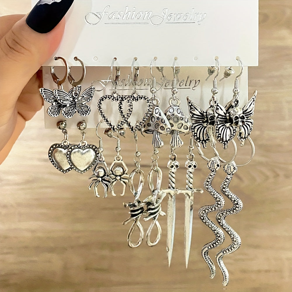 Punk Vintage Ancient  Snakes Butterfly Sword Skull Earrings Set 9 Pairs