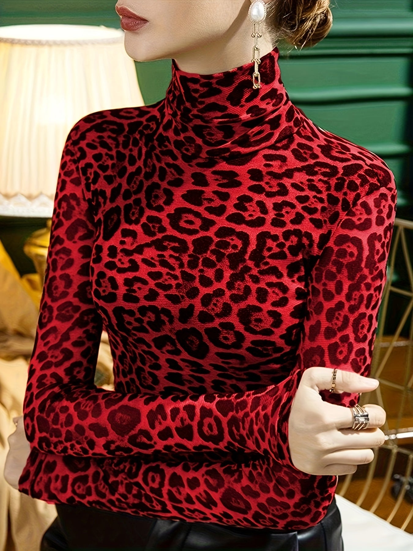 Leopard Print Turtleneck T-Shirt, Casual Long Sleeve Top For Spring & Fall, Women's Clothing