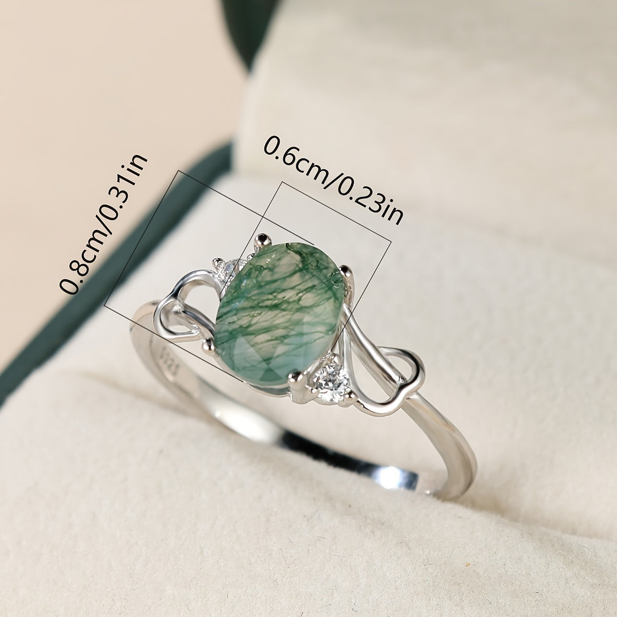 925 Sterling Silver Ring Inlaid Moss Agate In Egg Shape High Quality Jewelry Match Daily Outfits Party Accessory ( Grain Of Stone May Differ From One Another )