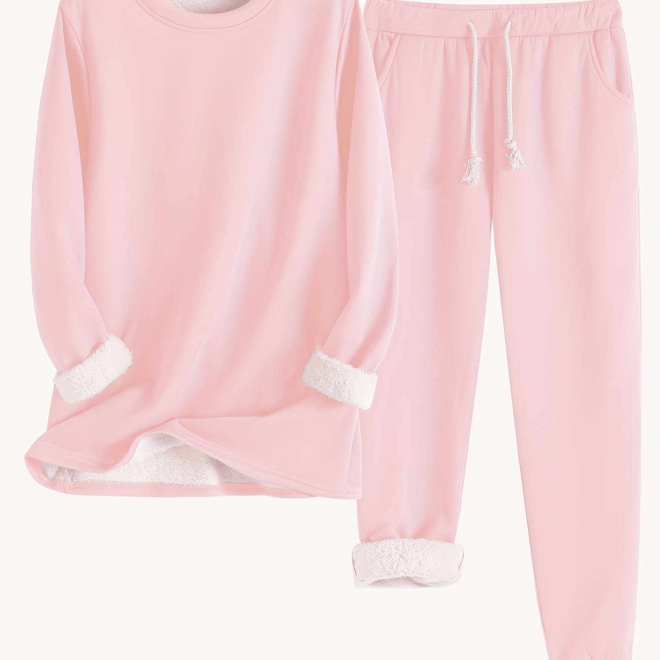 Zweiteiliges Set mit Rundhals ausschnitt Langarm Sweatshirt und Kordel zug hose lässig solide, zweiteiliges Set, Damen bekleidung