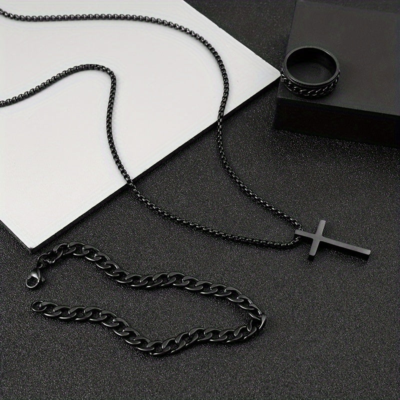 3pcs Men's Fashion Versatile Stainless Steel Jewelry Set, Black Cross Necklace, Bracelet And Ring