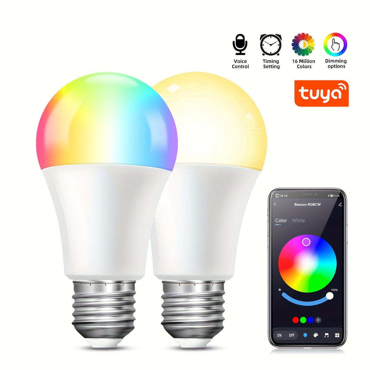 Lâmpada inteligente para quarto de casa, lâmpadas sem fio com controle de aplicativo Tuya Smart&amp;Smart Life, lâmpadas LED RGB + WW + CW que mudam de cor, sincronização de música regulável, A19 E26 9W 800LM, não suporta Alexa (a menos que você tenha um 