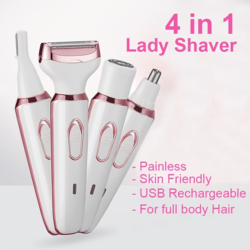 1Set Electric Lady Shaver, Women Razors For Shaving, Cordless 4-in-1 Shaver For Women Face, Legs And Underarm, Portable Bikini Trimmer Wet & Dry Hair Removal, Cordless - Micro USB Rechargeable