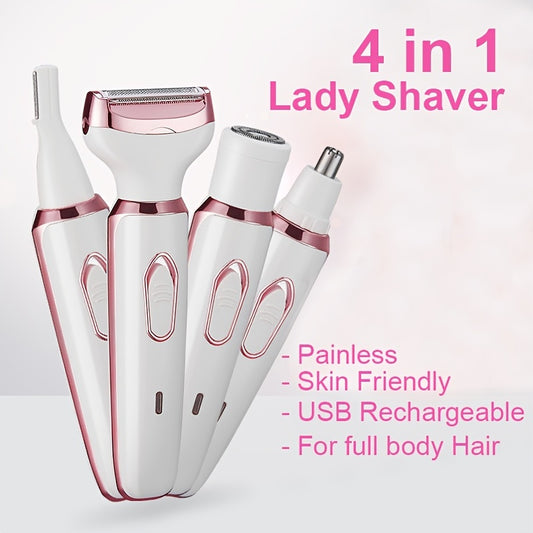 1Set Electric Lady Shaver, Women Razors For Shaving, Cordless 4-in-1 Shaver For Women Face, Legs And Underarm, Portable Bikini Trimmer Wet & Dry Hair Removal, Cordless - Micro USB Rechargeable