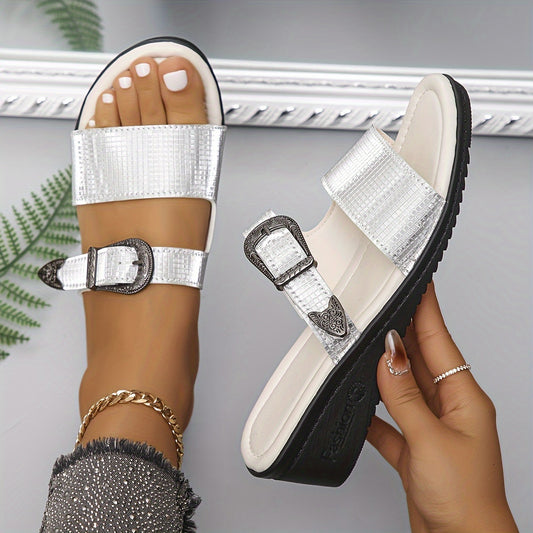 Women's Solid Color Casual Sandals, Buckle Belt Slip On Platform Soft Sole Slides, Summer Wedge Shoes