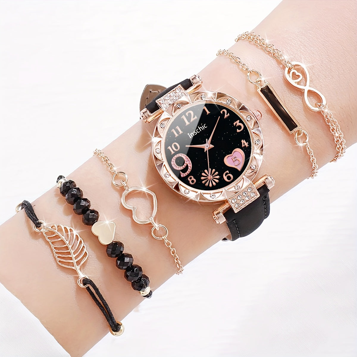 6pcs\u002Fset Women's Watch Cute Heart Firework Quartz Watch Elegant Rhinestone Analog Wrist Watch & Bracelets, Gift For Mom Her