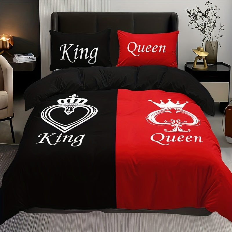 3pcs Duvet Cover Set, Black And Red Crown Pattern Bedding Set, Soft Duvet Cover For Bedroom, Guest Room (1*Duvet Cover + 2*Pillowcase, Without Core)