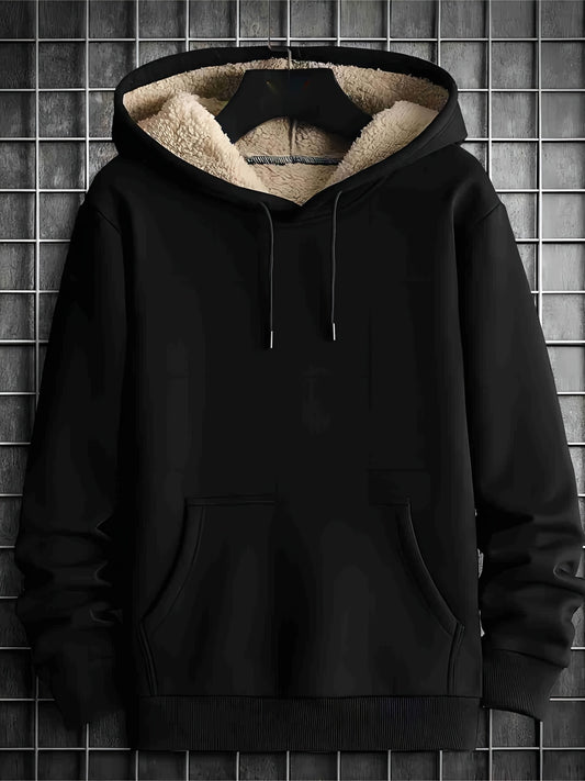 Solid WarmHoodie, Cool Fleece Hoodies For Men, Men's Casual Graphic Design Hooded Sweatshirt With Kangaroo Pocket Streetwear For Winter Fall, As Gifts