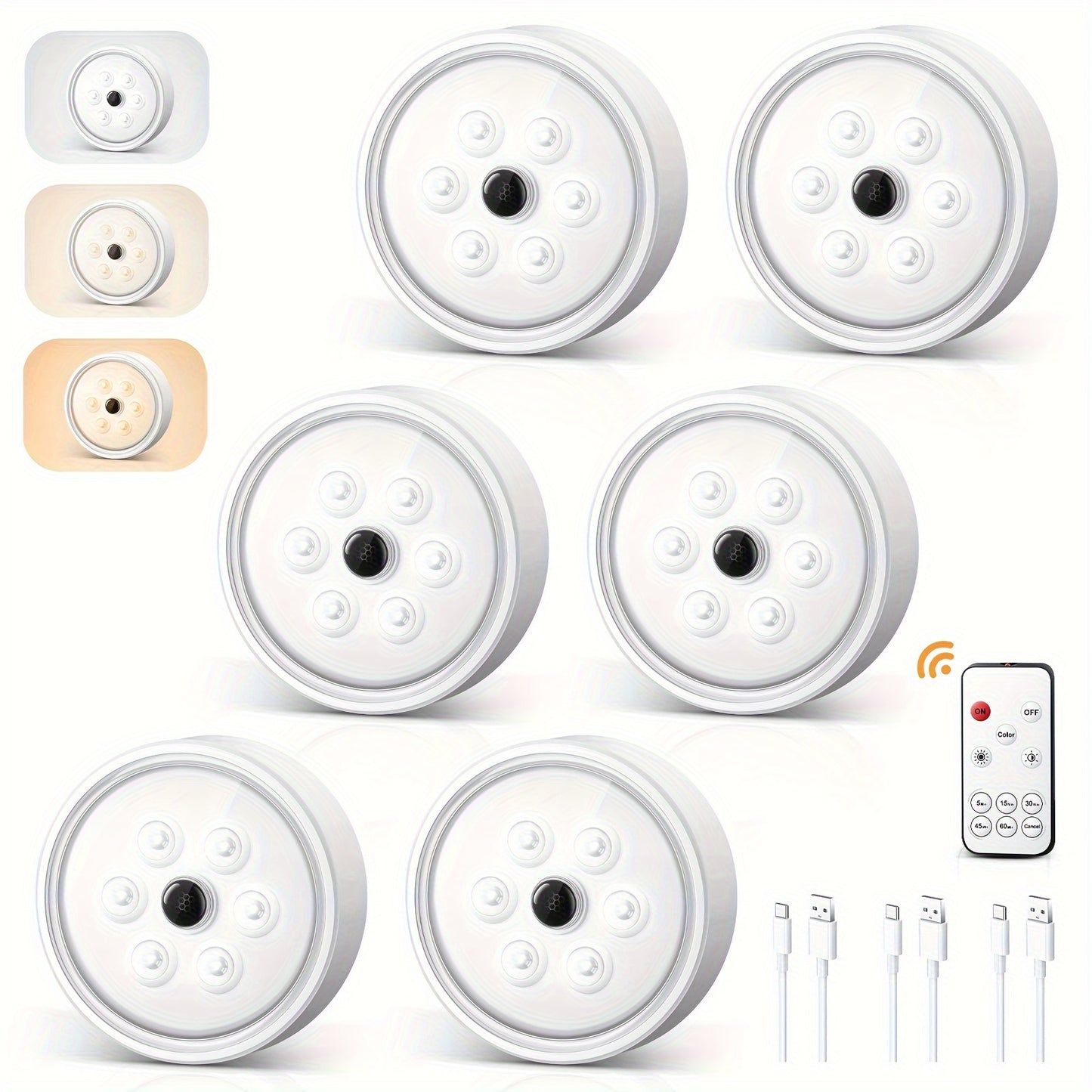 Pacote de 6 luzes LED para disco com controle remoto, sensor de movimento sem fio sob a iluminação do gabinete, luz dimmer recarregável USB de 3 cores, luz noturna segura, para armário, cozinha, balcão, escadas